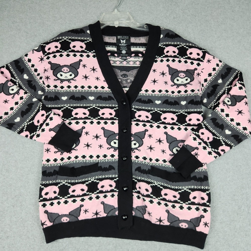 BoxLunch Cardigan Sweater Women M Pink Kuromi Sanrio Fair Isle Skull Bat Knitted